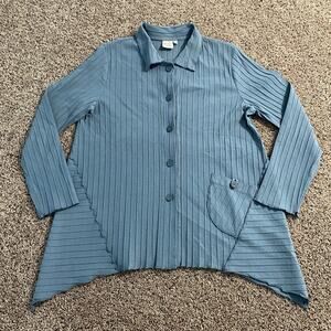 Focus Casual Women’s Medium Button Front Top Ribbed Knit Blue Boho Lagenlook